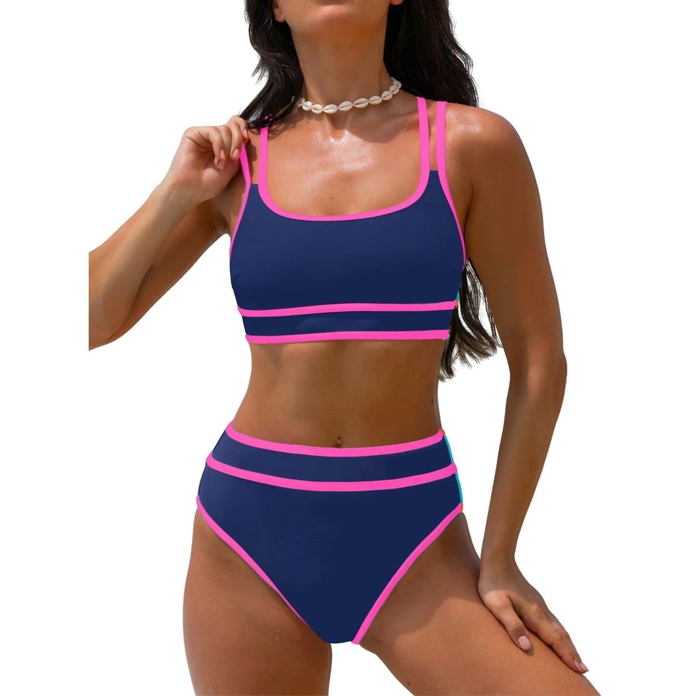 NWT Popvil Womens High Waisted Bikini Set Neon Navy Blue Sporty Swimsuit Medium